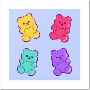 4 colorful cute neon gummy bears with different moods Posters and Art